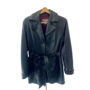 Vintage 1988 Wilson Black Leather Belted Jacket Size L, Buttons & zip out liner